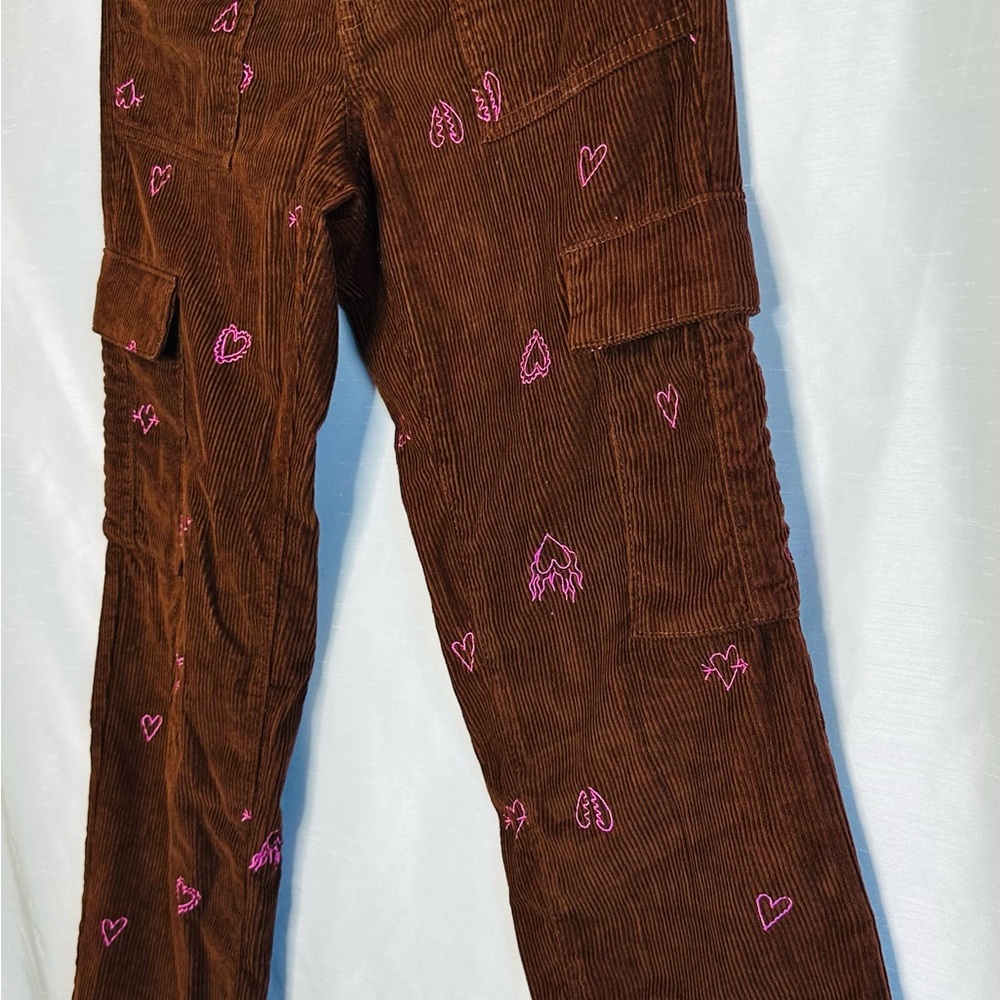 Brown Corduroy Pants with Pink Heart Embroidery - Picture 4 of 10